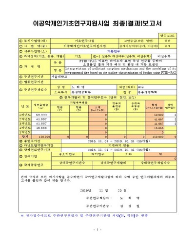 FTIR-PAS 이용한 바이오차 표면 특성 연구를 통하여 오염물질 흡착 기작 해석 및 환경 내 거동 모델링 [전자자료]