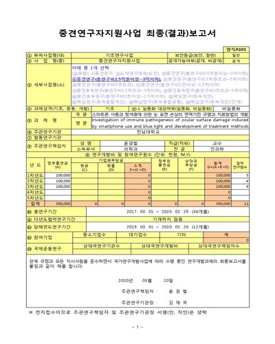 스마트폰 사용과 청색광에 의한 눈 표면 손상의 면역기전 규명과 치료방법의 개발 [전자자료]