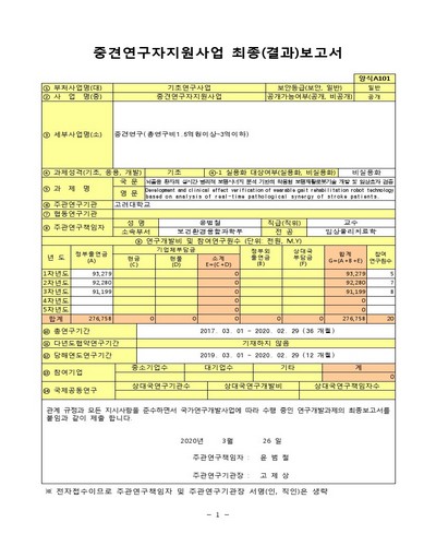 뇌졸중 환자의 실시간 병리적 보행시너지 분석 기반의 착용형 보행재활로봇기술 개발 및 임상효과 검증 [전자자료]