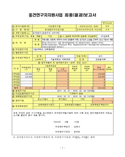 약용식물 (관동화, 대극과) 유래 천연물에 의한 전사인자 조절을 통하여 건선 치료제 개발 [전자자료]
