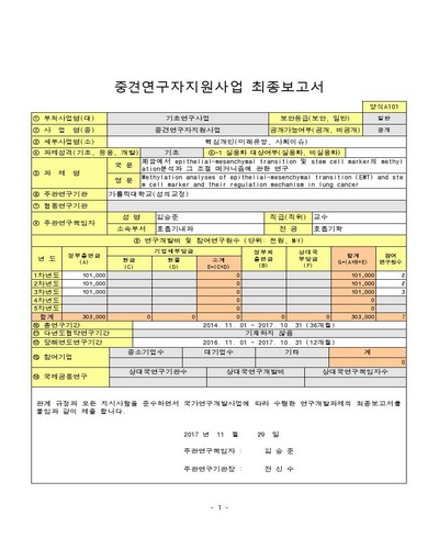 폐암에서 epithelial-mesenchymal transition 및 stem cell marker의 methylation분석과 그 조절 메커니즘에 관한 연구 [전자자료]