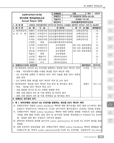 고병원성 조류인플루엔자 바이러스를 방어하는 뉴캣슬병 생독벡터 바이러스 제작 및 효능 평가 [전자자료]