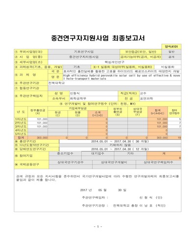효과적인 홀전달체를 활용한 고효율 하이브리드 페로브스카이트 태양전지 개발 [전자자료]
