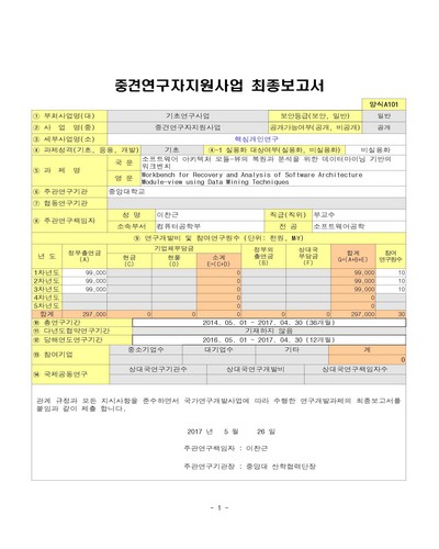 소프트웨어 아키텍처 모듈-뷰의 복원과 분석을 위한 데이터마이닝 기반의 워크벤치 [전자자료]