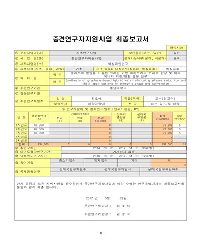 플라즈마 환원을 이용한 그래핀 기반 하이브리드 소재의 합성 및 이의 에너지 저장/변환 응용 연구 [전자자료]