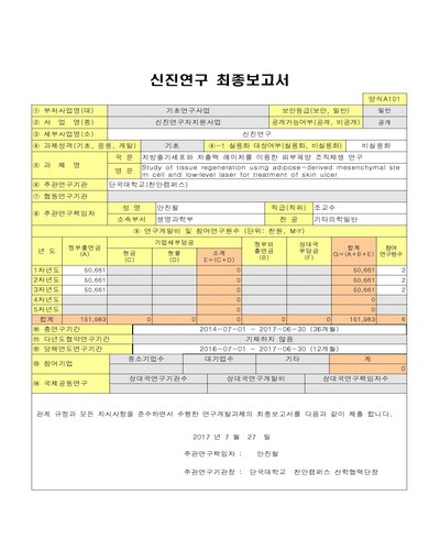 지방줄기세포와 저출력 레이저를 이용한 피부궤양 조직재생 연구 [전자자료]