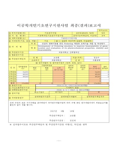 인삼의 생체이용률 증진 Pickering 에멀젼 제조기술 개발 및 특성 평가 [전자자료]