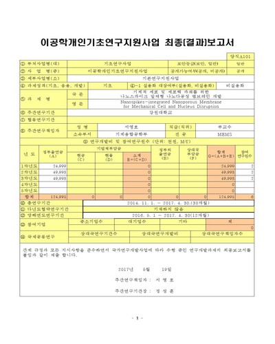 기계적 세포 및 세포핵 파쇄를 위한 나노스파이크 일체형 나노다공성 멤브레인 개발 [전자자료]