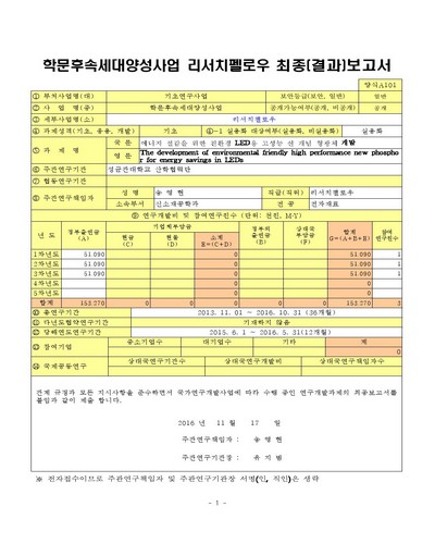 에너지 절감을 위한 친환경 LED용 고성능 신 개념 형광체 개발 [전자자료]